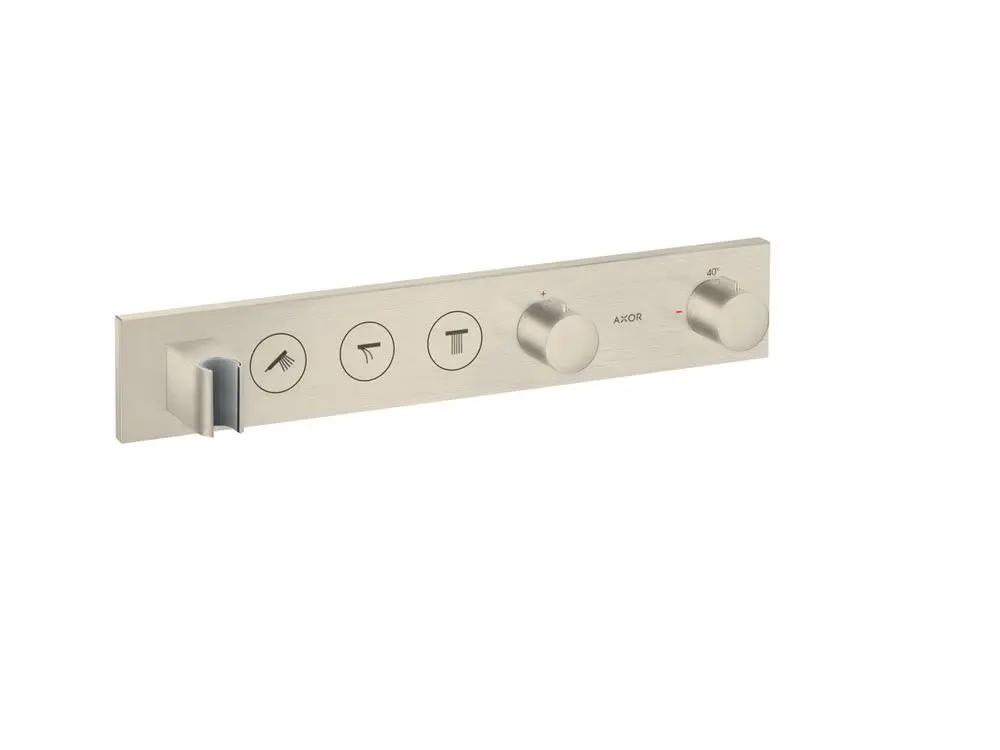 Thermostatmodul für die Unterputzmontage mit drei Bedienelementen von AXOR in gebürstetem Nickel. Enthält Symbole zur Auswahl der Wasserstrahlarten und Temperaturregulierung.